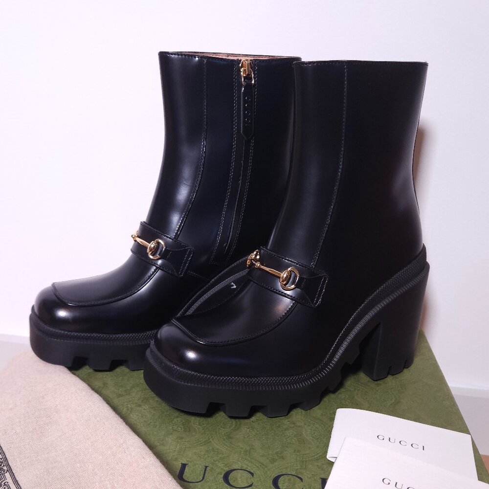 Gucci Horsebit Ankle Boots Black Leather Square Toe Lug Sole Size 36.5 / US 6.5 - Picture 3 of 14
